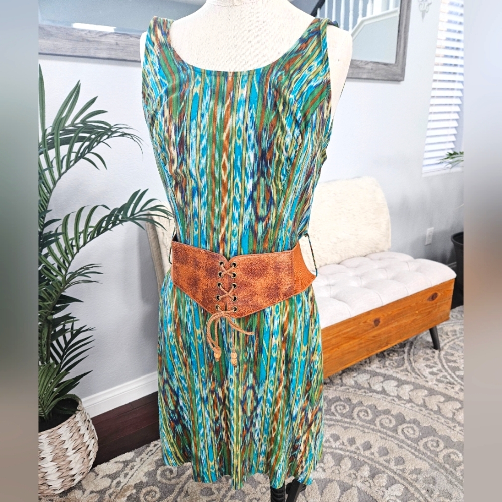 hello MISS- Blue Green Brown Abstract   Summer Dress Corset Belt  Boho Sz Small